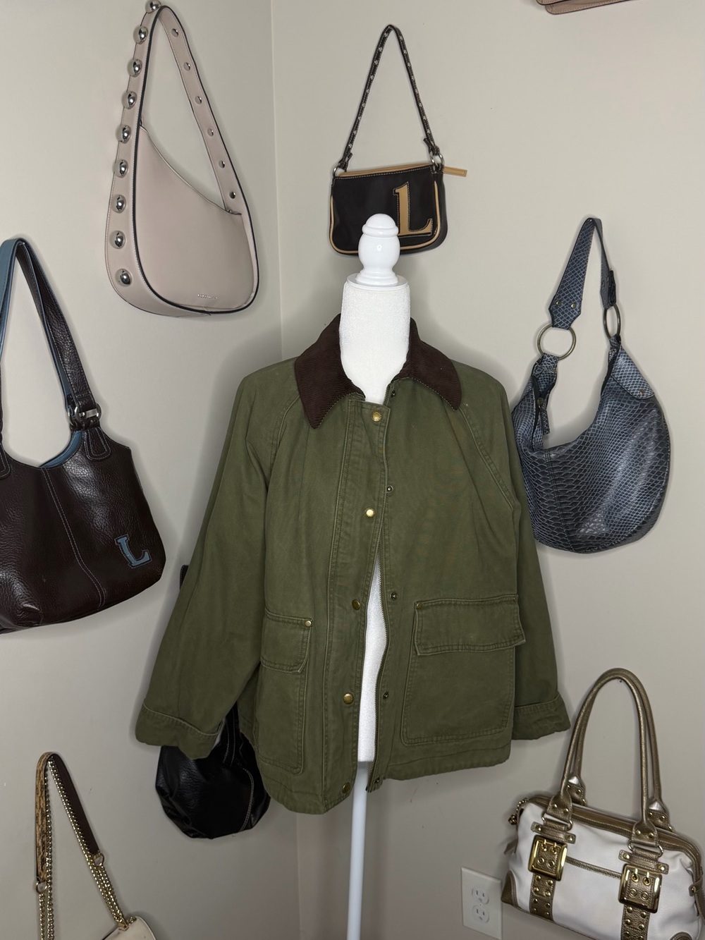 Levi's Olive Green Jacket with Brown Corduroy Collar - Size L - 100% Cotton